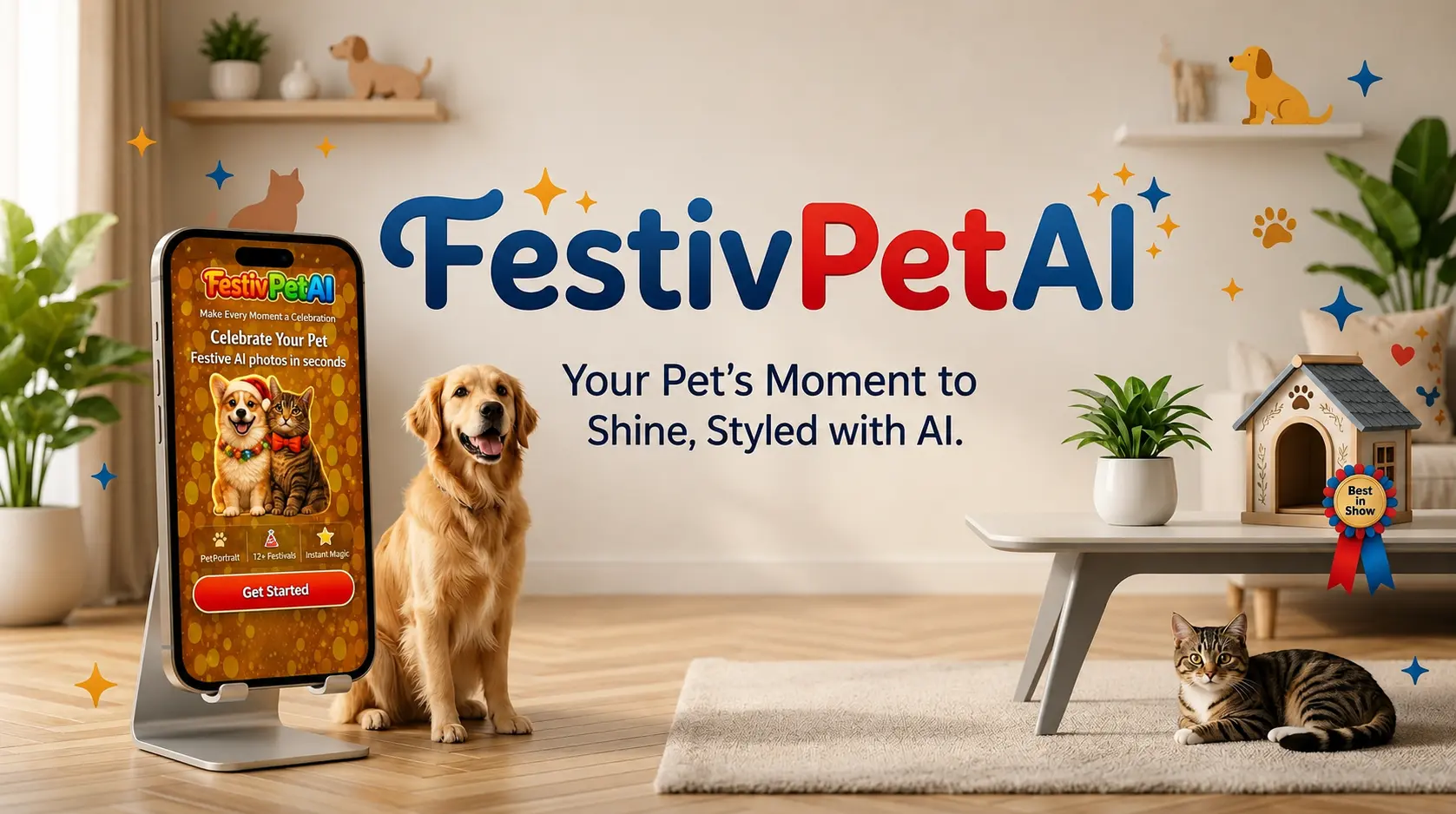 AI-generated festive pet portrait banner featuring dogs and cats in holiday-themed costumes